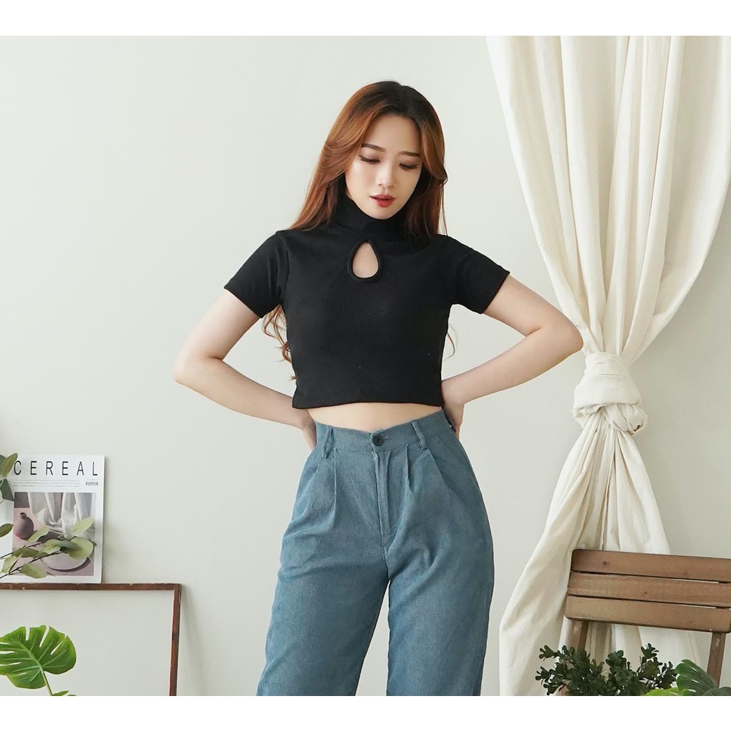 Korean Crop Top Baju Atasan Wanita Kaos Turtleneck High Neck Top Casual Tshirt 118