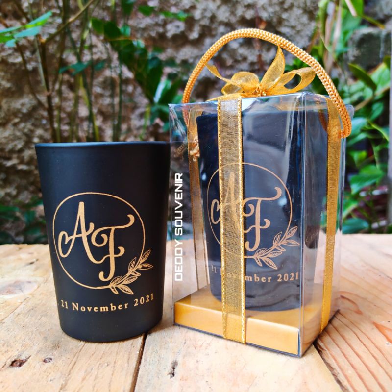 Souvenir Gelas LU Hitam Doff Kemas Mika Sablon Nama