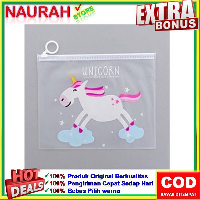 Tas Pouch Resleting Transparan Kosmetik / Pensil / ATK Motif Karakter Unicorn ZipLock Plastik PVC