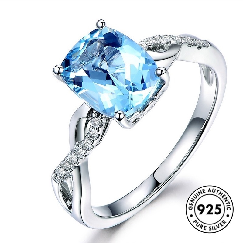 Cincin Sterling Silver 925 Hias Batu Aquamarine Elegan Untuk Wanita