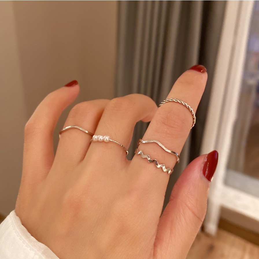 Cincin Wanita 5Pcs Set R09 Casual Korea Fashion Style Aksesoris Fesyen Cewe 5 Pcs Set Multi Mutiara Pearl Ring Rings