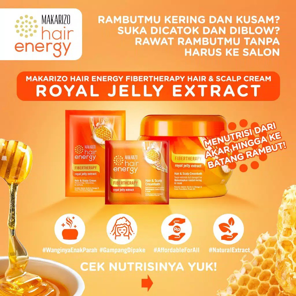 ✿ELYSABETHME✿ 【﻿ＭＡＫＡＲＩＺ ' Ｏ】 makarizo 60 ml hair energy creambath masker rambut sachet besar hairmask anti rambut kering bercabang dengan royal jelly