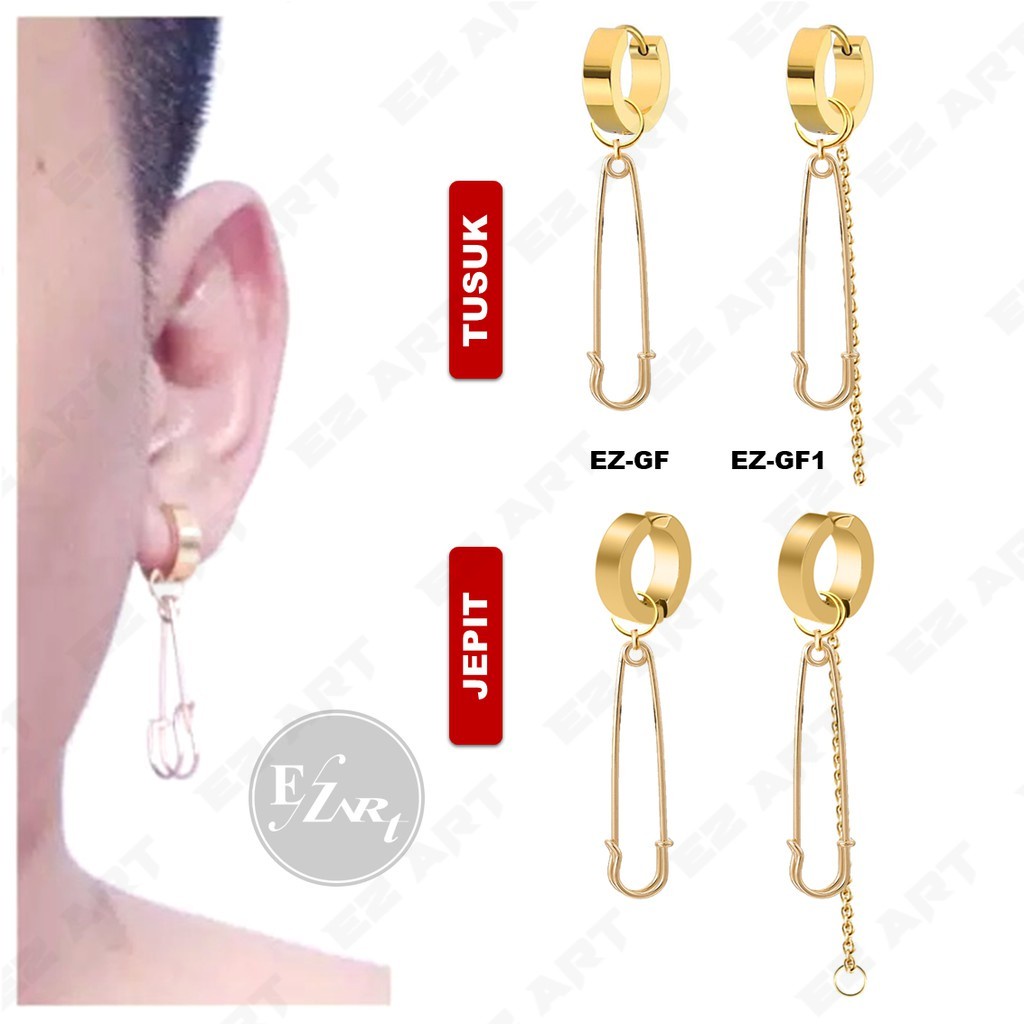 1Pc Model EZ-GF Gold Emas Anting Pria dan Wanita Jepit Tusuk Variasi Peniti Rantai