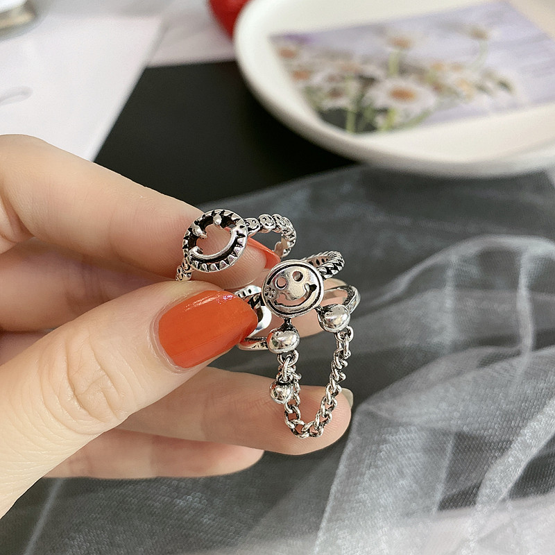 Cincin S925 Silver Plated Model Hollow Motif Smiley Face Gaya Retro Untuk Wanita