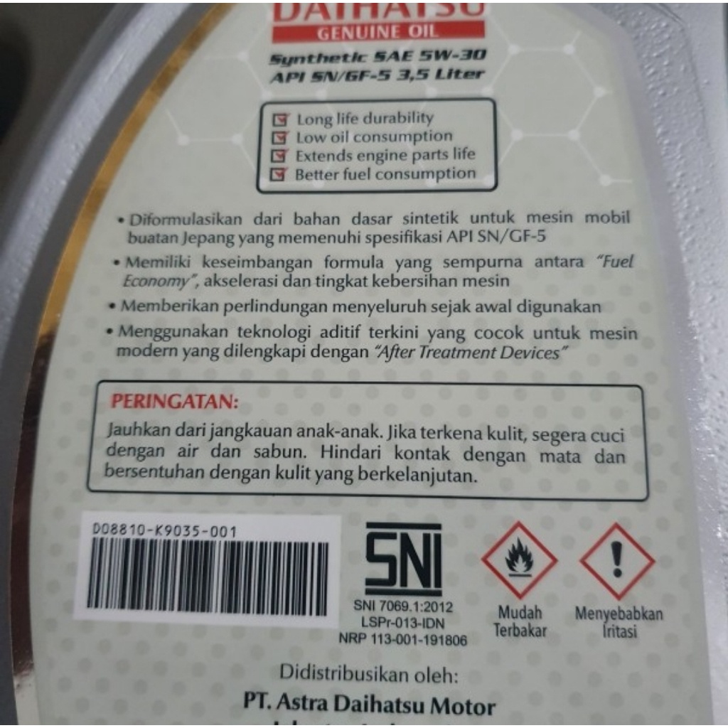 OLI MESIN DAIHATSU DGO 5W-30 API SN SYNTHETIC - 1 GALON - 3.5 LITER