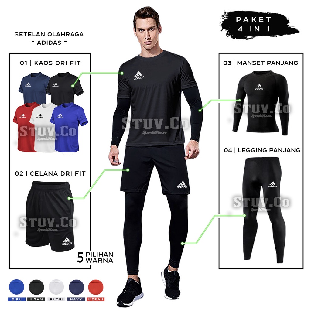 PAKET 4 IN 1 STELAN OLAHRAGA KAOS CELANA BASELAYER DAN LEGGING LONGPANTS PRIA WANITA