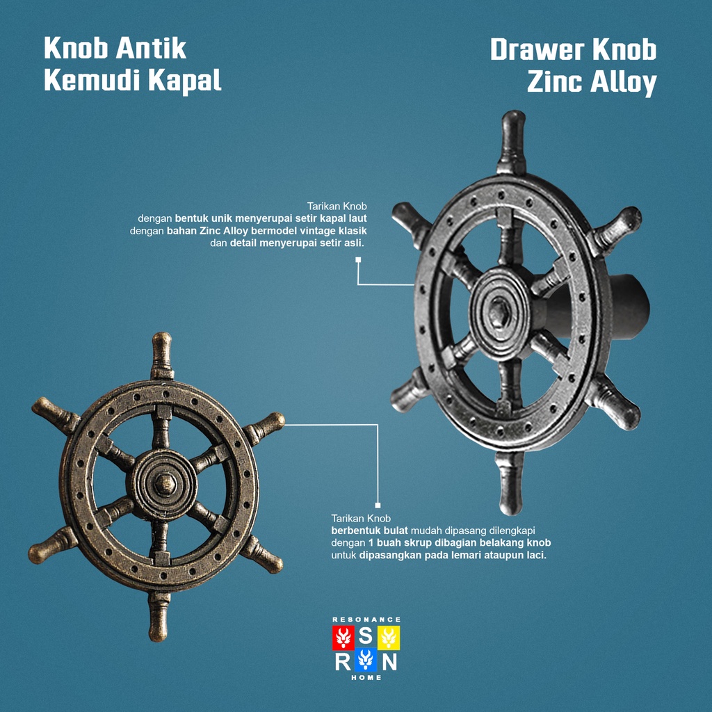 Knob Laci Lemari Kuningan Antik Vintage Motif Kemudi Kapal / Drawer Knob Resonance Home