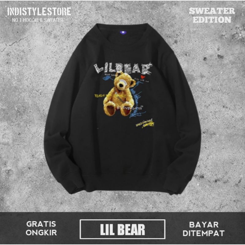 Sweater Crewneck Hitam Lil Bear Distro Pria Wanita Switer Cn Cowo Cewe Sweeter Creunek Animasi Keren