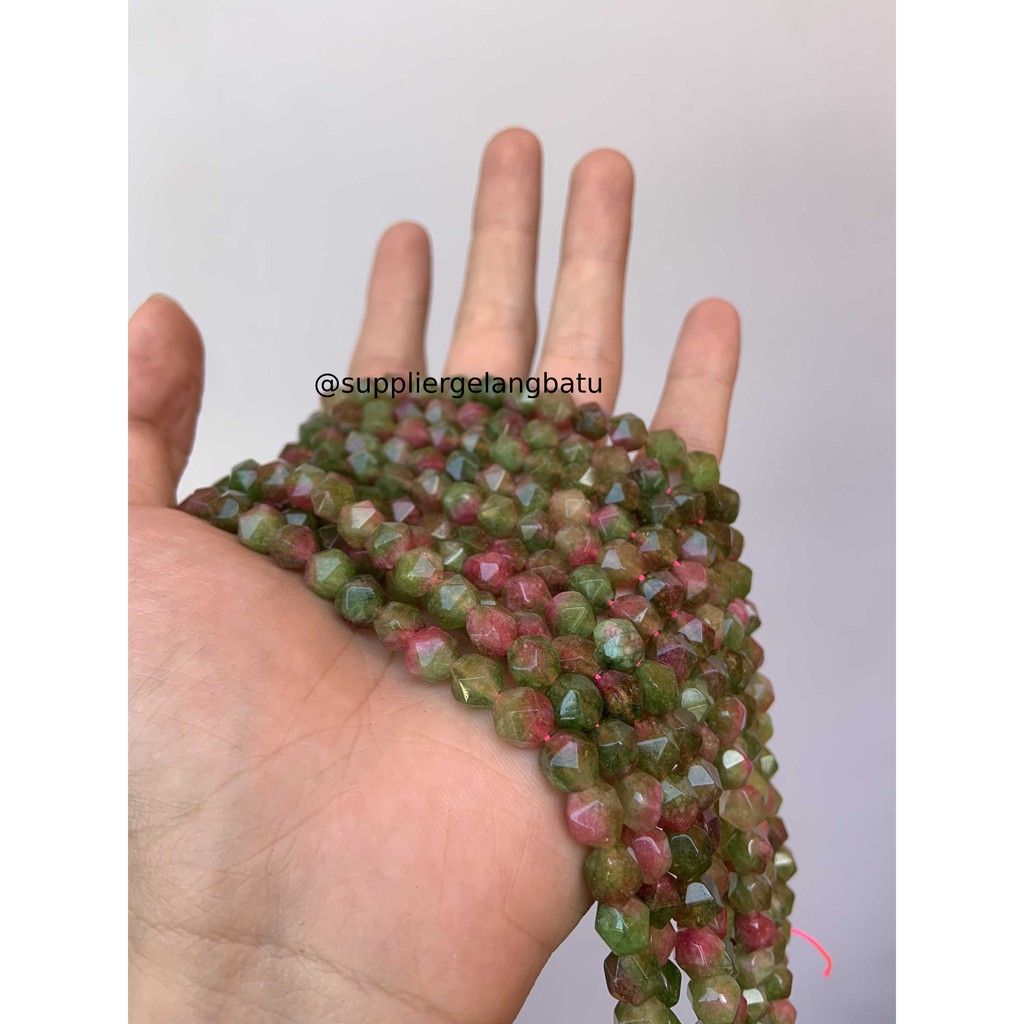 batu faceted hexagon Stone 8mm bloodstone hijau pink muda kreasi anak