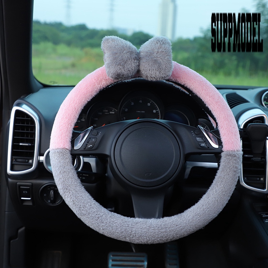 Cover Setir Mobil Universal Bahan Plush Super Lembut Hangat Aksen Pita