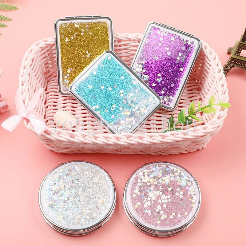 Cermin Saku Lipat Mini Portable Dua Sisi Motif Pasir Glitter Untuk Makeup / Kosmetik Wanita