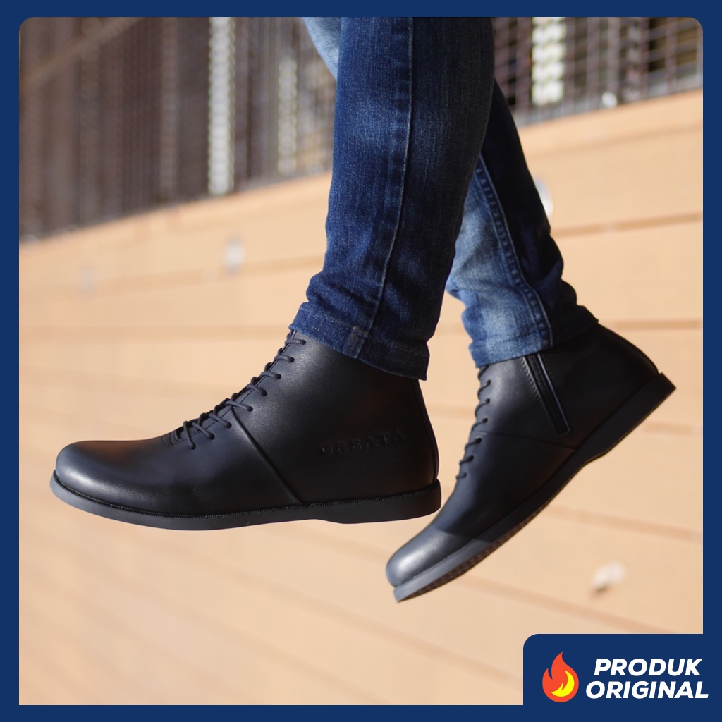 SVERKER BLACK ORIGINAL x GREATA Sepatu Kulit Sapi Asli Pria Boots Full Hitam Tali Casual Semi Formal Vintage Klasik Jalan Hangout Kuliah Kerja Kantor Resleting Zipper Classic Boot Genuine Leather Shoes Motor Bikers Touring Footwear Keren Terbaru Kekinian