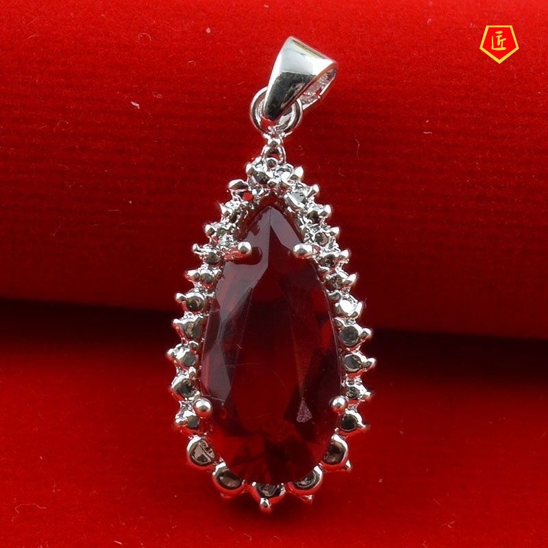 [Ready Stock]Inlaid Ruby Water Drop Pear-Shaped Pendant European and American S925 Silver Necklace