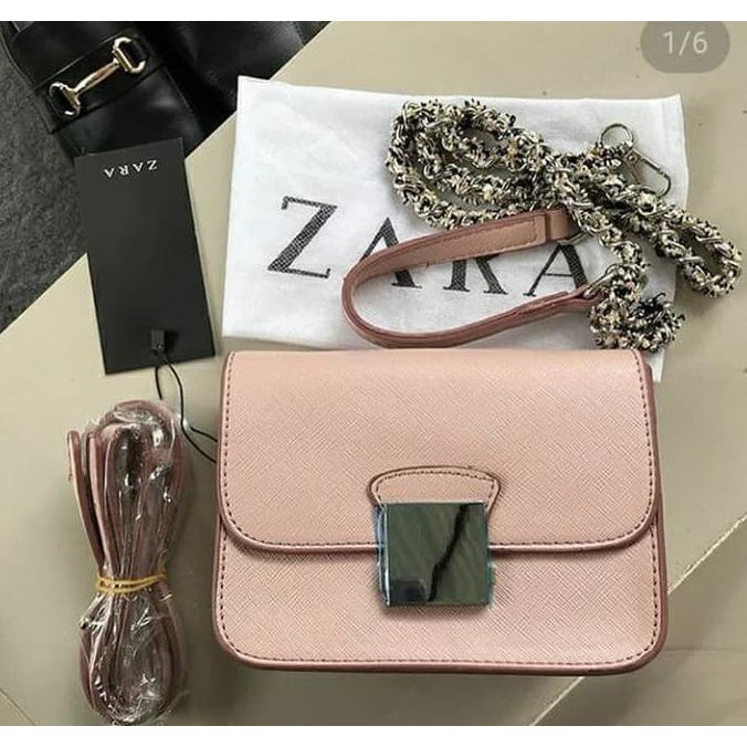 Ready Sok  Tas Wanita Zara Original Floral 2Tali(Rantai&Floral),Supplier Tangan 1 - Biru Muda