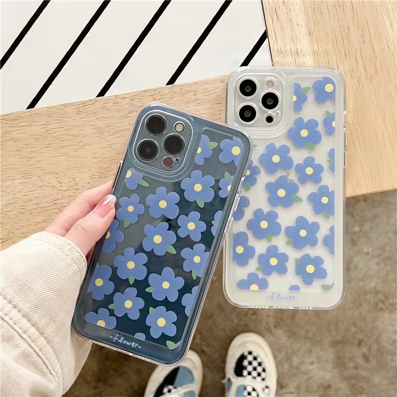 Case Bahan Akrilik Transparan Motif Bunga Biru Untuk iPhone 11 7Plus 8Plus Xr XS 13 12 Pro Max