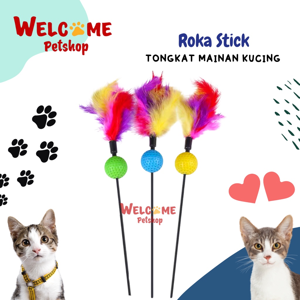 Roka Stick Tongkat Mainan Kucing Bola Bulu Cat Toy Pendek