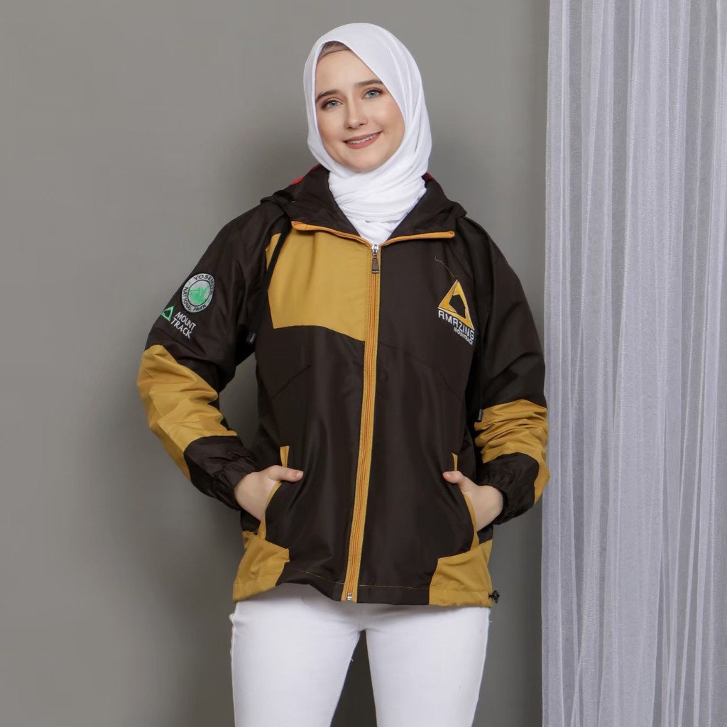 Jaket Parasut Hoodie Waterproof Wanita AMZ MOUNTLIGHT / Jaket Gunung Wanita