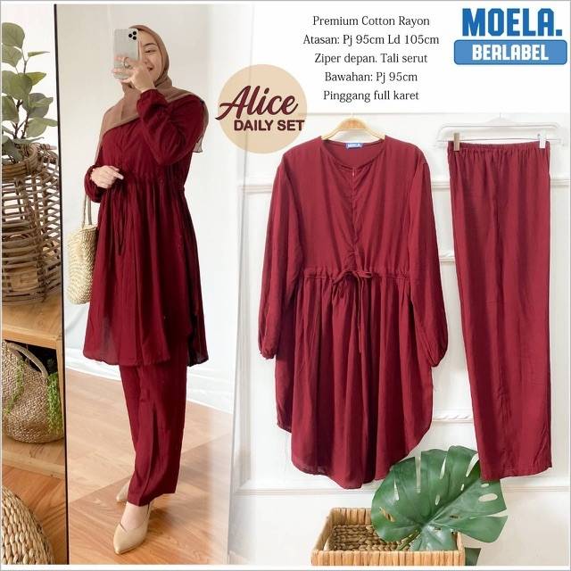 Alice daily set by Moela - setelan polos tunik dan celana rayon premium