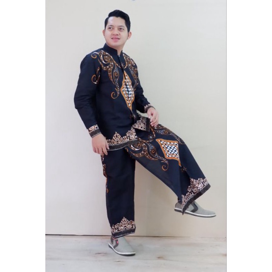 Fashion Muslim Baju Koko Setelan Sarung Celana Pria Dewasa Kombinasi Kemeja Batik Lengan Panjang Pen