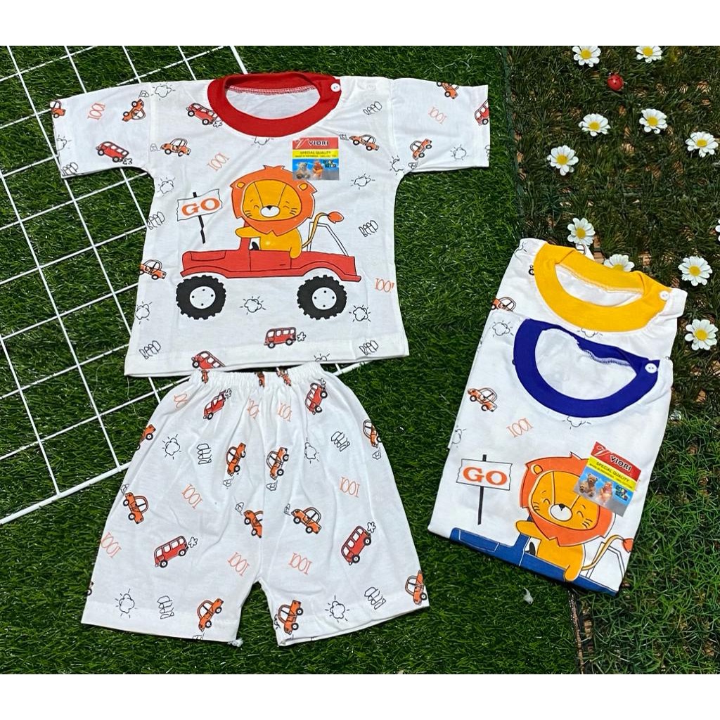 baju anak lucu murah motif singa mobil setelan pendek 3-18 bulan (PD 032)