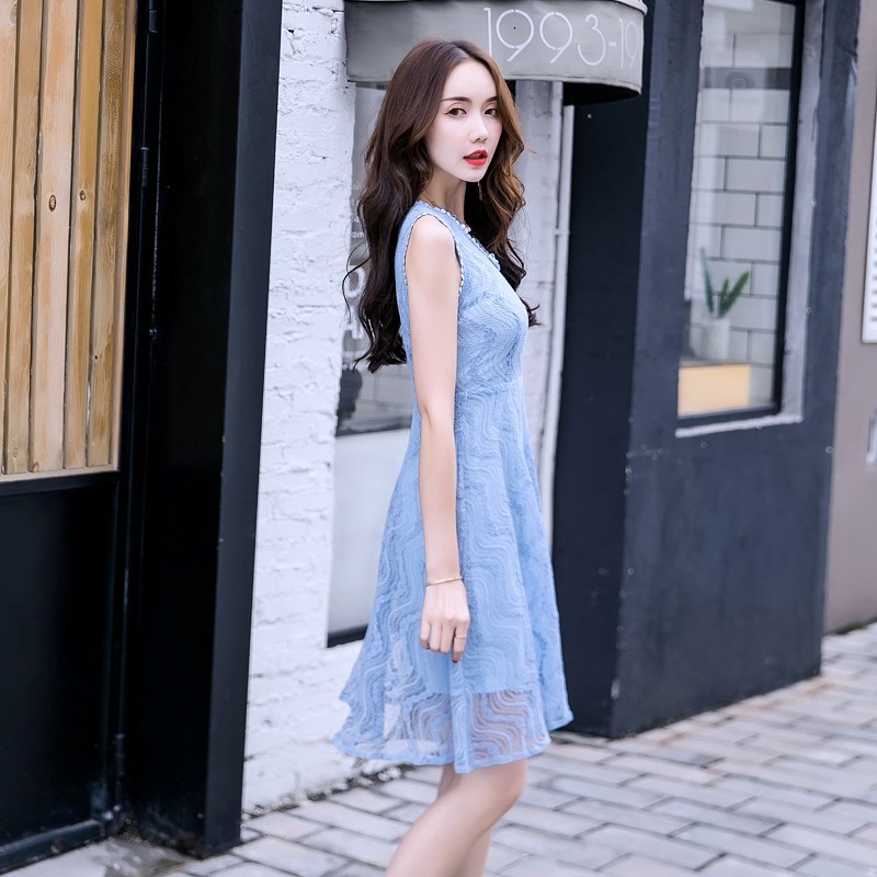 \u2764Ins Dress Midi Korea V-Neck Tanpa Lengan High Waist Bahan Lace Warna Biru untuk Wanita