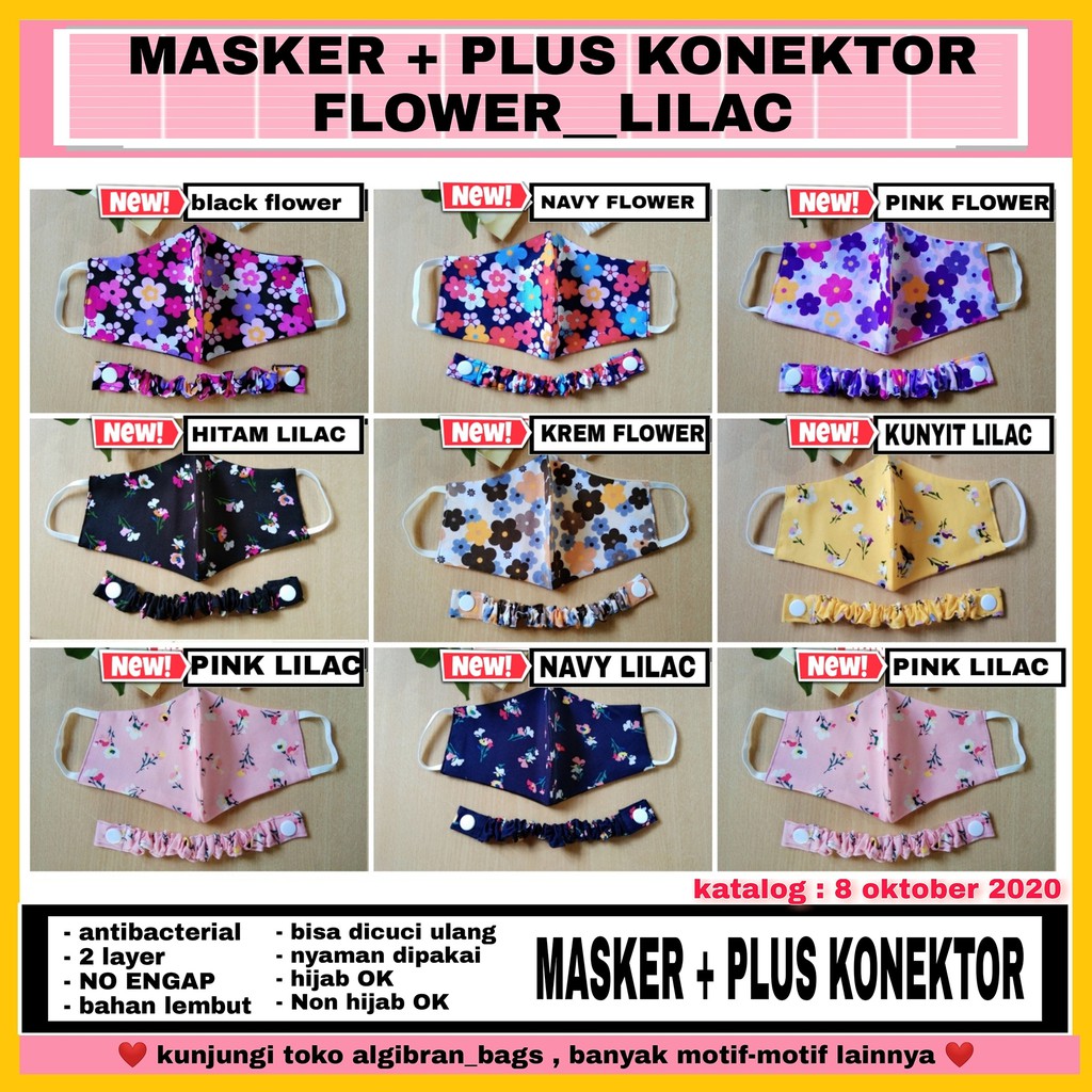 Masker kain plus konektor motif flower lilac
