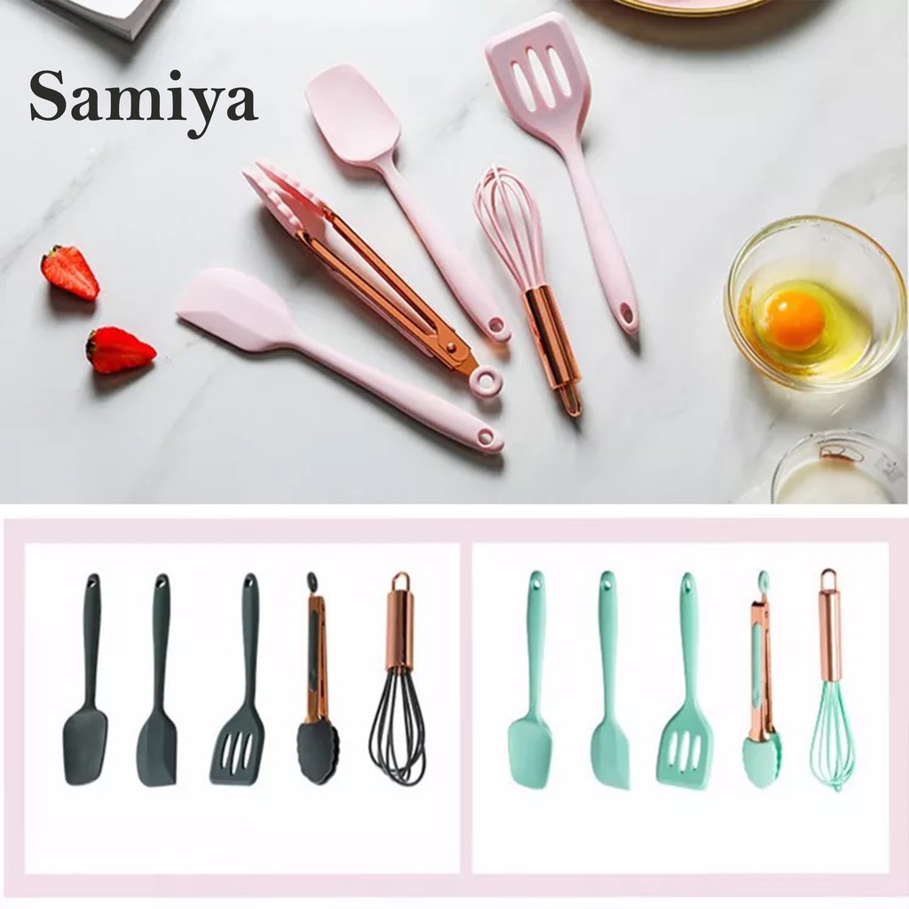 silicone kitchen utensils set mini 5in1 / alat masak set spatula egg beater shovel scraper silikon