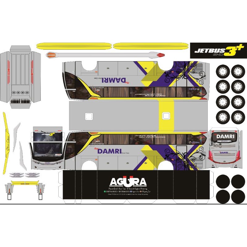 Lembaran Pola PaperCraft Bus DAMRI JB3+HDD Skala 1:50