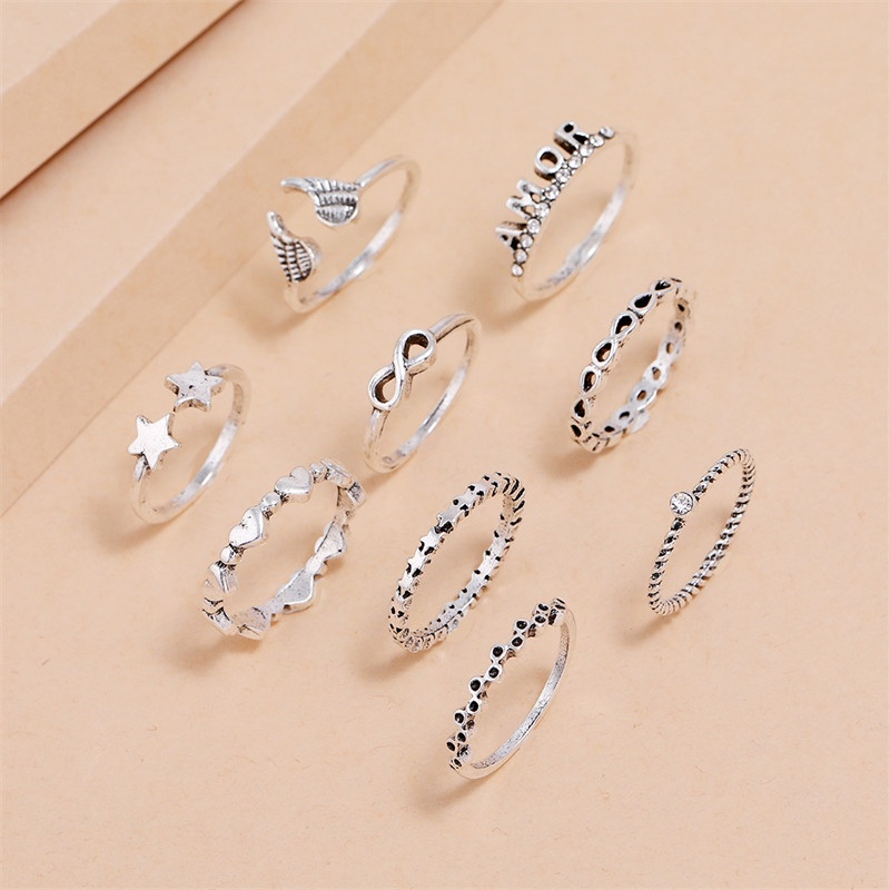 9 Pcs / Set Cincin Desain Sayap Malaikat Bintang Hati Tulisan AMOR 8 Untuk Aksesoris Perhiasan Wanita