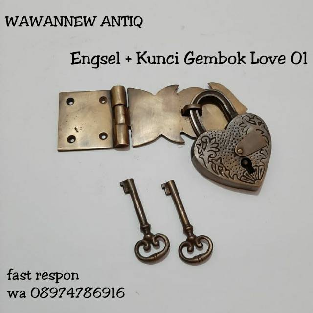 Grendel Engsel + Kunci Gembok Pintu Rumah Pagar Kuningan Love Ukir