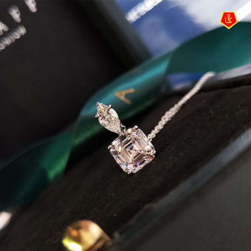 [Ready Stock]Pink Diamond Square Necklace Female Fairy S925 Silver Pendant Simple and Elegant