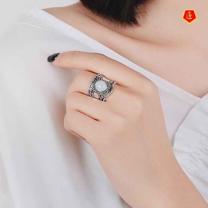 [Ready Stock]Vintage Silver Moonstone Black Agate Ring for Women