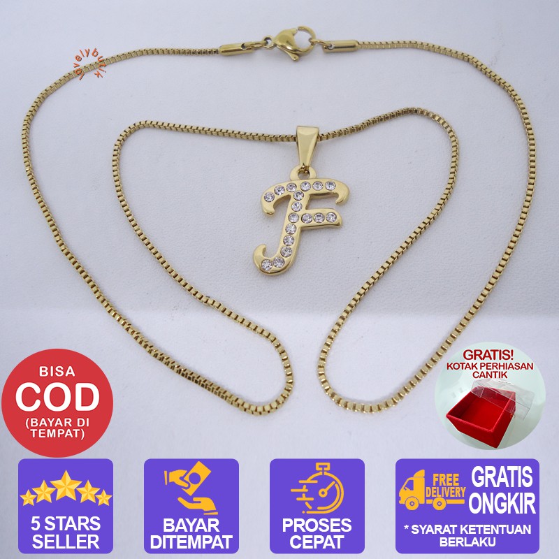 Lovelybutik Honey Kalung Huruf Titanium Anti Karat Inisial F Uk 45 cm BONUS KOTAK PERHIASAN