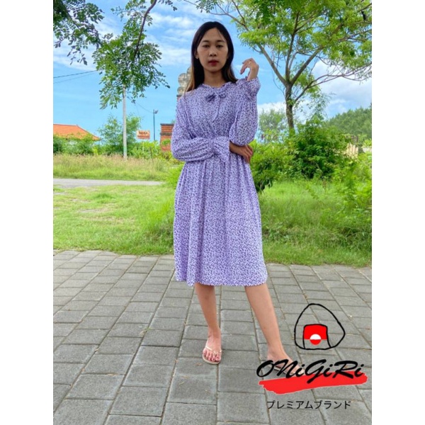 Midi Dress Korea Dres Panjang Ungu / Violet Motif Bunga Kecil Premium By Onigiri