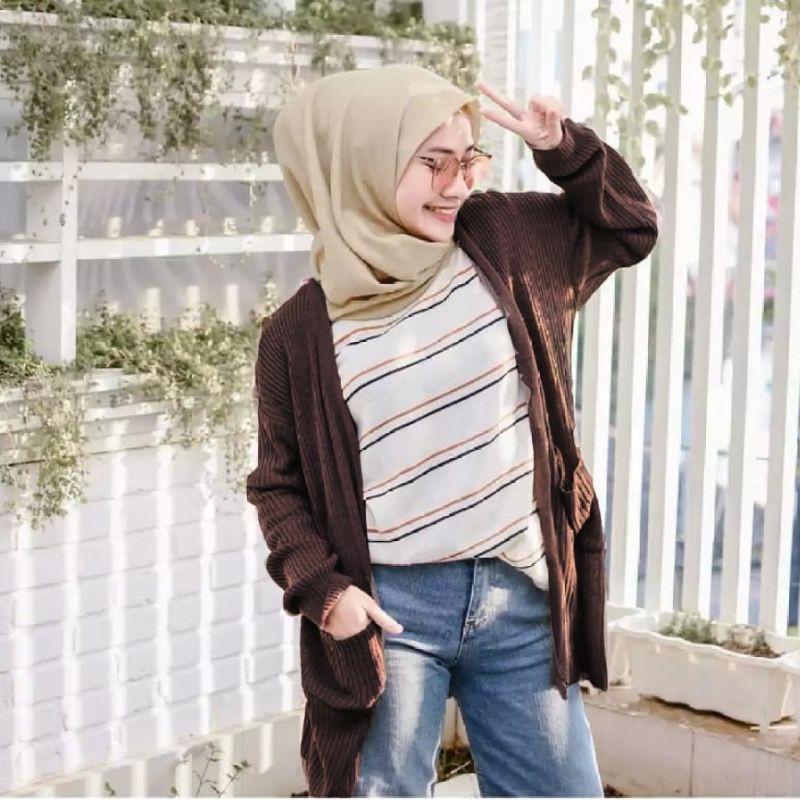 Cardigan panjang rajut dua saku all size-Coklat kopi