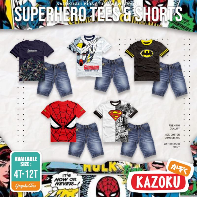 Ready Setelan Superhero Teens & Shortpant Jeans | Setelan Kaos Celana Jeans Pendek Anak | Set Anak S