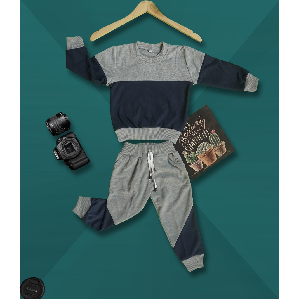 BAJU ANAK SETELAN SWEATER TRENING TRAINING JOGGER OLAHRAGA LAKILAKI/PEREMPUAN 2-10 thn-Abu Set KOmbi