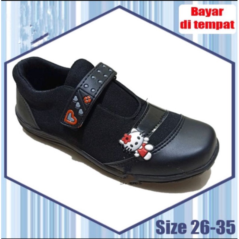 Sepatu Sekolah Anak Perempuan TK/SD FULL BLACK HELLO KITTY