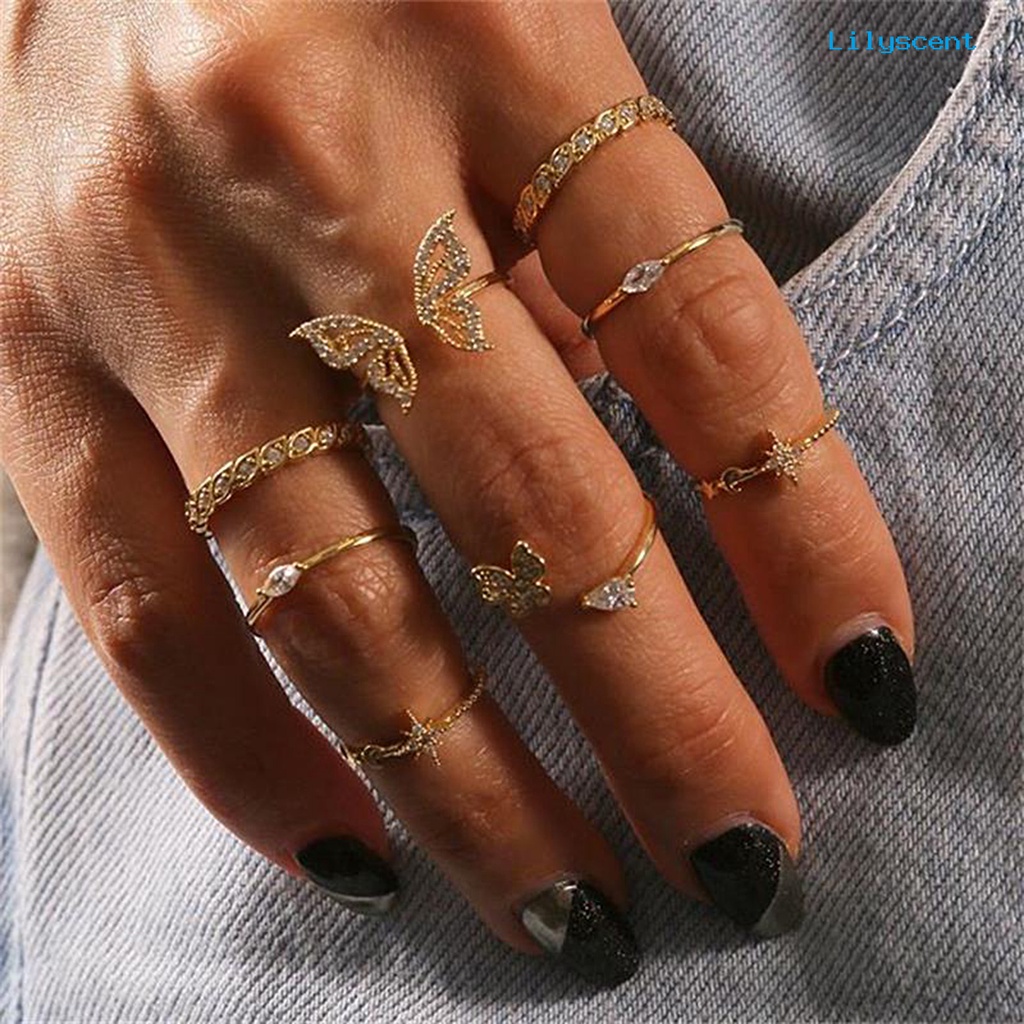 8pcs Cincin Knuckle Desain Kupu-Kupu Bunga Aksen Berlian Imitasi Untuk Wanita Element