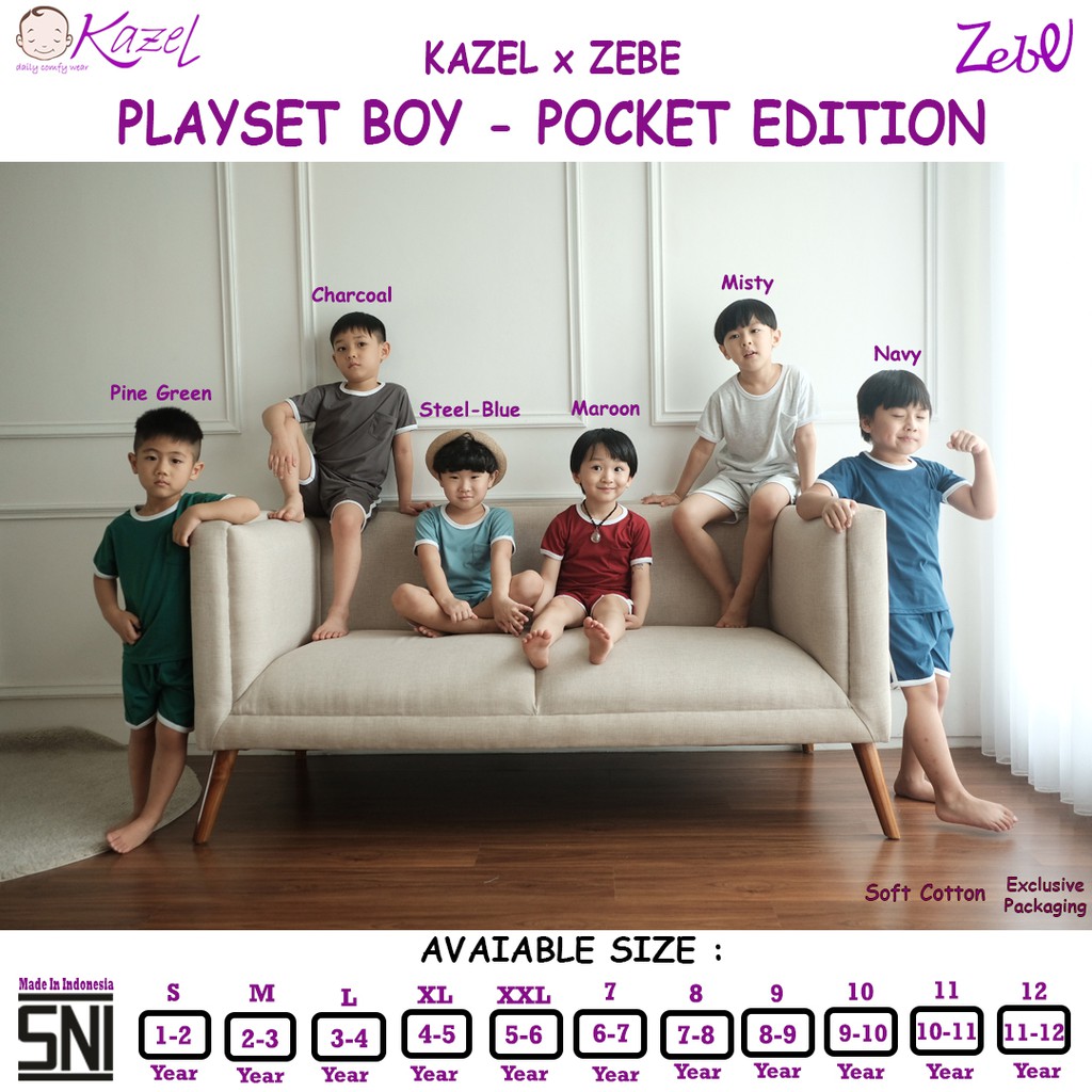 [Warna Pine Green Size S - XXL] Kazel Zebe Playset Boy Pocket Edition Setelan Pendek Harian Anak