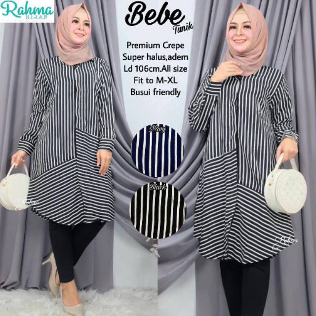 Bebe atasan tunik salur stripy garis garis hitam putih monokrom tunic top