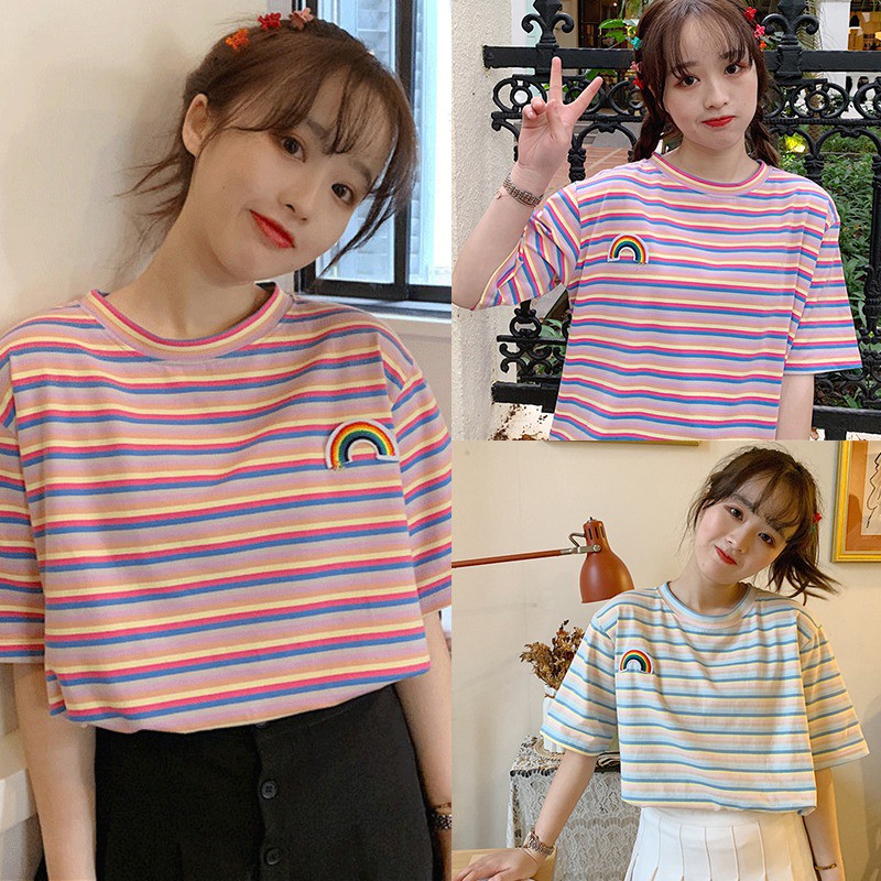 Download Kaos T-Shirt O-Neck Lengan Pendek Model Longgar Casual dengan Motif Print Garis | Shopee Indonesia