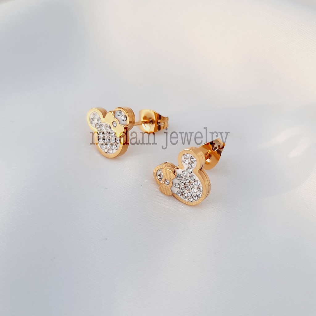 Anting Tusuk Ukuran 1cm x 1cm Minnie Dengan Taburan Diamonds Artifisial Tersedia Warna Rose Gold dan Gold