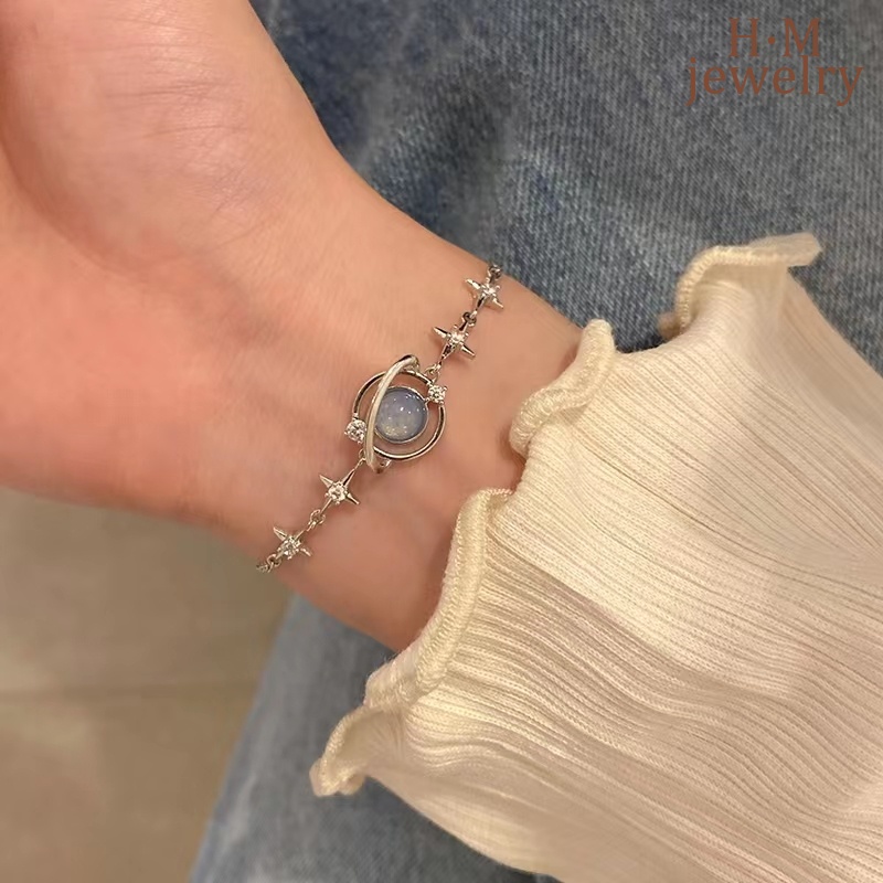 Gelang Tangan Rantai Sterling Silver 925 Simple Aksen Planet Untuk Wanita