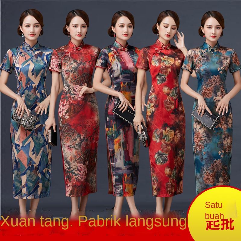 2020 new imitation silk cloud gauze short sleeve long fashion stage performance clothing women's Ret