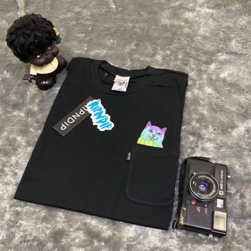 TSHIRT KAOS BAJU RIPNDIP RAINBOW NERMAL POCKET BLACK LIKE ORI