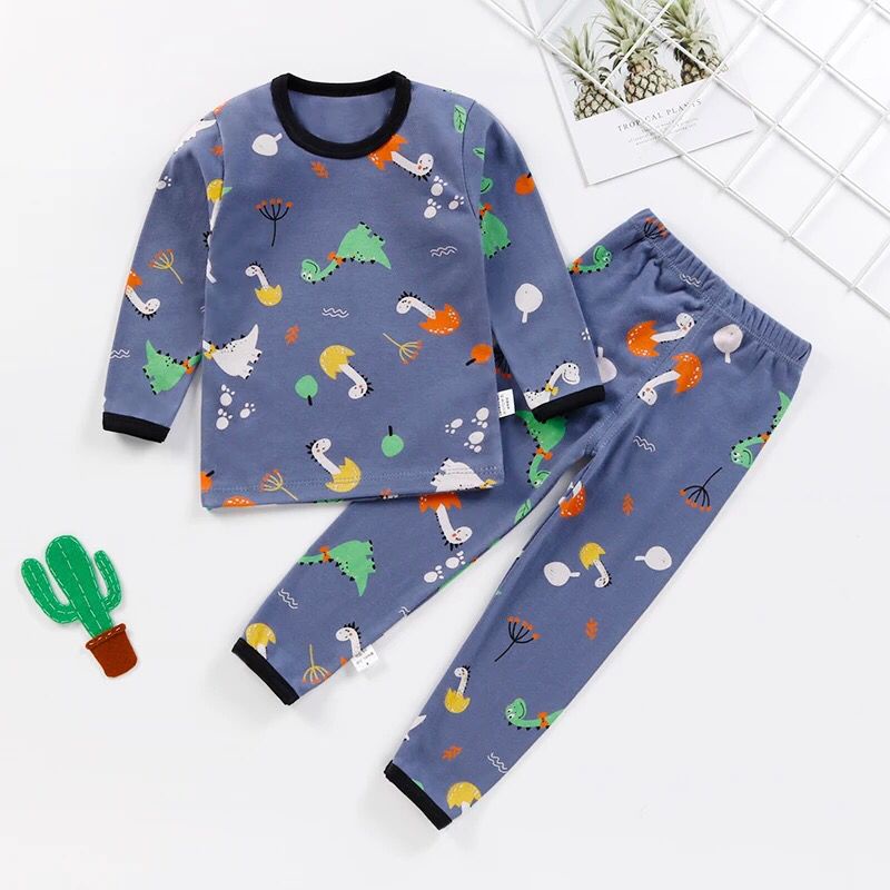 Baju Tidur Piyama Anak Premium Set DINO Biru Bahan Katun Piyama Anak Gambar Lucu Baju Tidur Anak Bahan Katun DINO