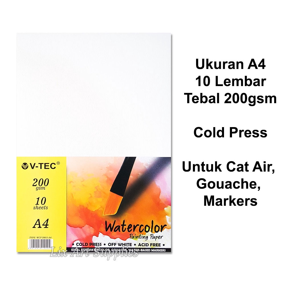 

V-TEC A4 Water Colour Paper 200gsm - 10 Sheets Cold Pressed / Kertas Cat Air A4 Watercolor Paper