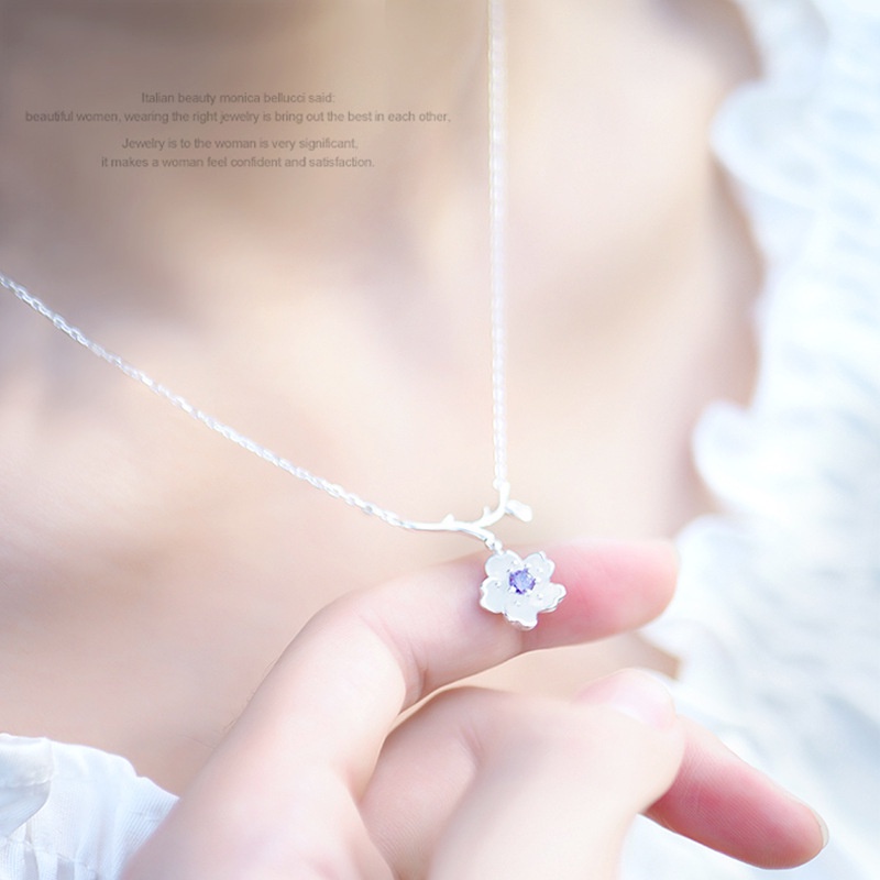 [Ready Stock]Fashion Pink Diamond Purple Diamond Cherry Blossom Necklace Flower Branch Pendant