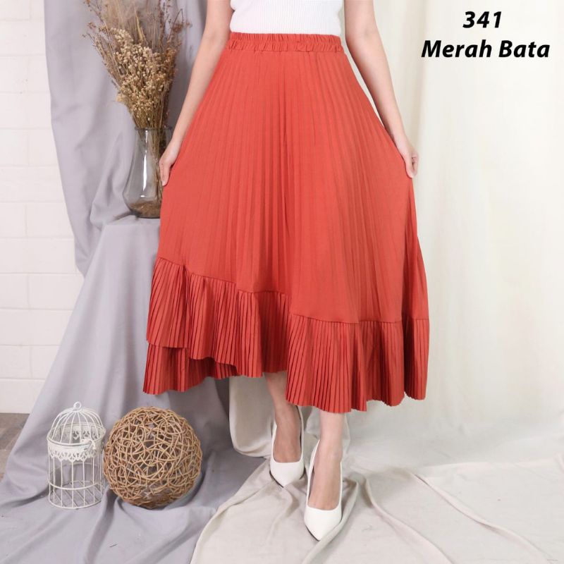 Rok Plisket Asimetris Premium Warna Merah Bata